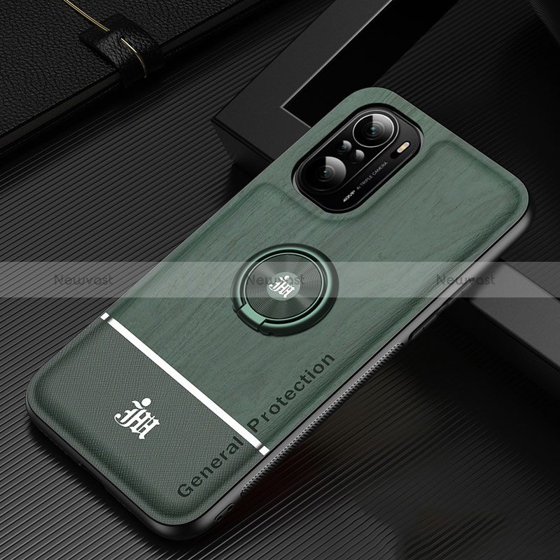 Ultra-thin Silicone Gel Soft Case Cover with Magnetic Finger Ring Stand JM1 for Xiaomi Redmi K40 5G Green