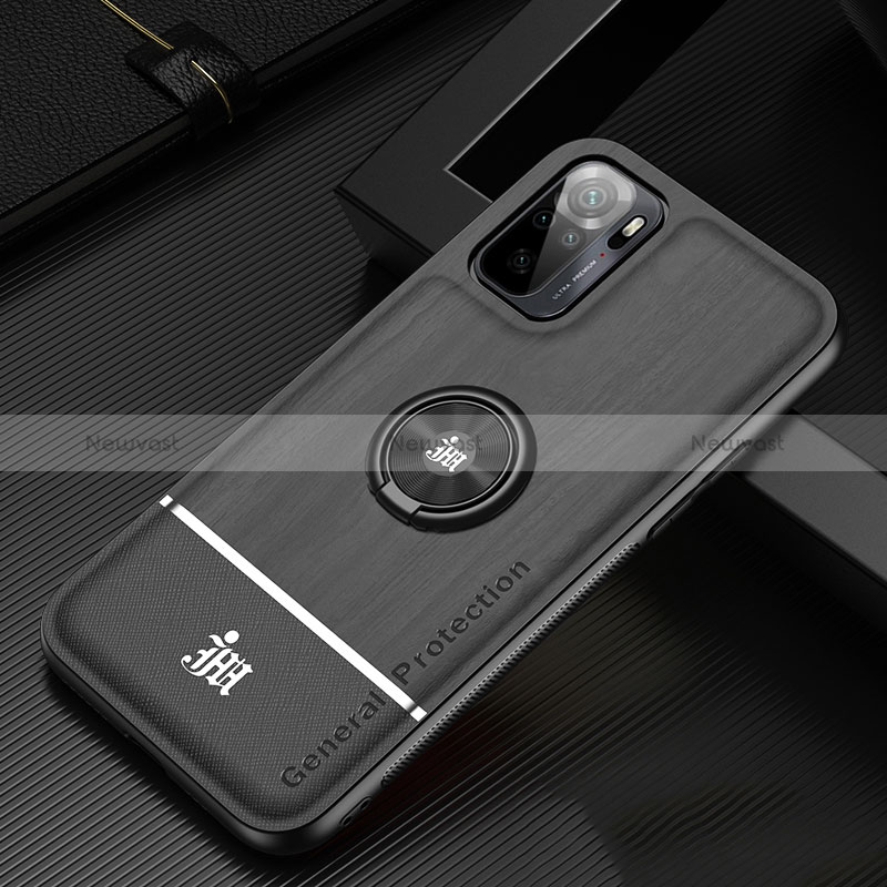 Ultra-thin Silicone Gel Soft Case Cover with Magnetic Finger Ring Stand JM1 for Xiaomi Redmi Note 10 4G Black