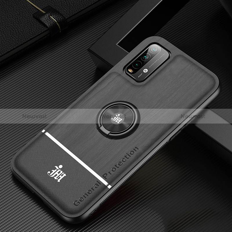 Ultra-thin Silicone Gel Soft Case Cover with Magnetic Finger Ring Stand JM1 for Xiaomi Redmi Note 9 4G Black