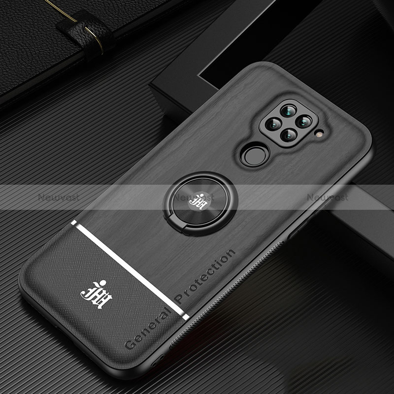 Ultra-thin Silicone Gel Soft Case Cover with Magnetic Finger Ring Stand JM1 for Xiaomi Redmi Note 9 Black