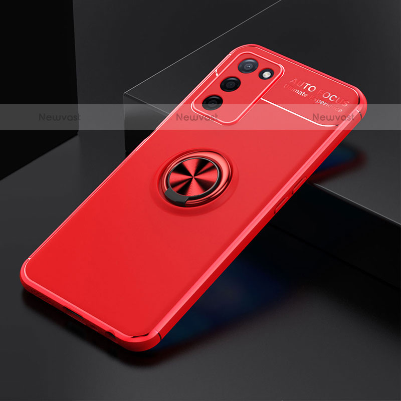 Ultra-thin Silicone Gel Soft Case Cover with Magnetic Finger Ring Stand JM2 for Oppo A55 5G Red