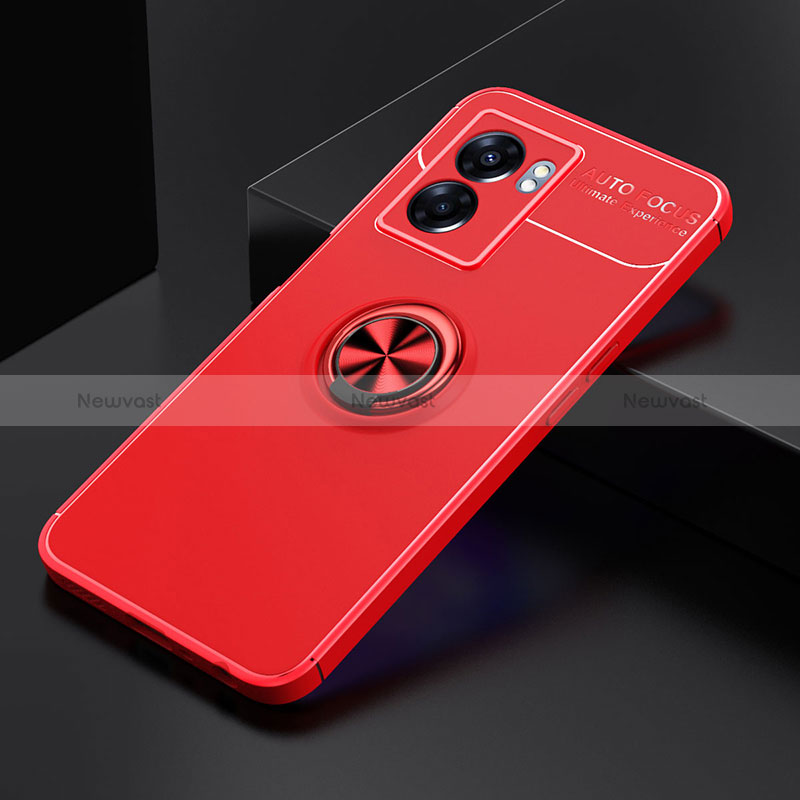 Ultra-thin Silicone Gel Soft Case Cover with Magnetic Finger Ring Stand JM2 for Oppo A57 5G Red
