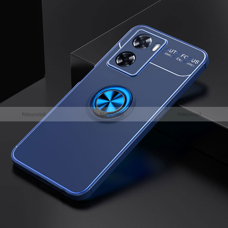 Ultra-thin Silicone Gel Soft Case Cover with Magnetic Finger Ring Stand JM2 for Oppo A77 4G Blue