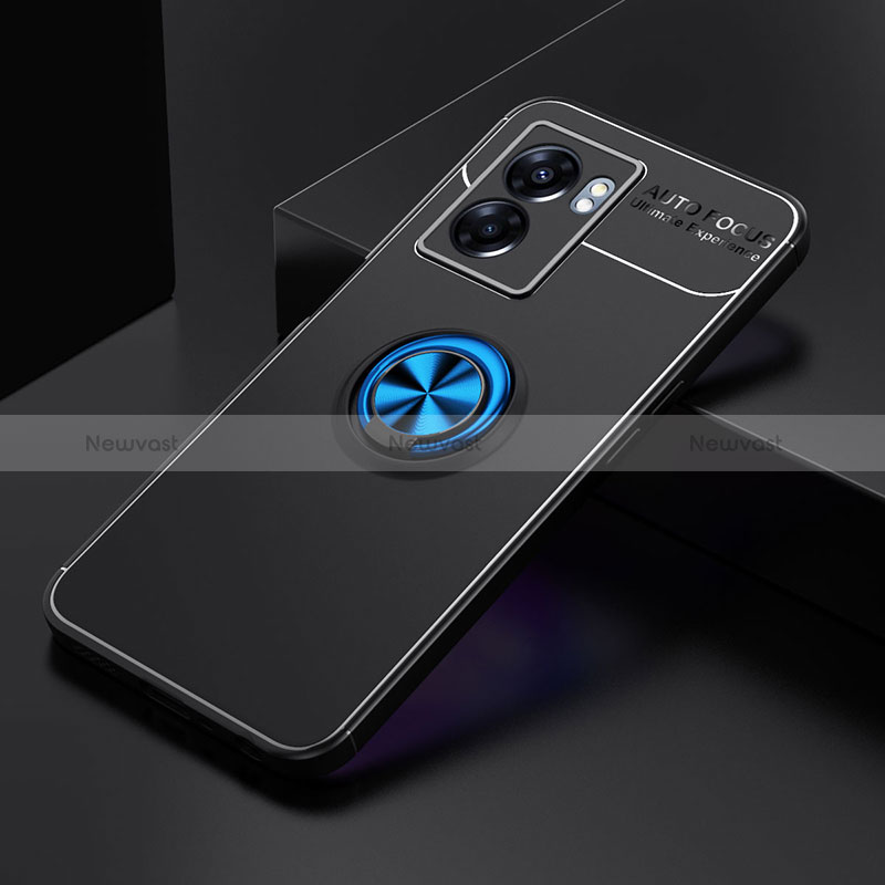 Ultra-thin Silicone Gel Soft Case Cover with Magnetic Finger Ring Stand JM2 for Oppo A77 5G Blue and Black