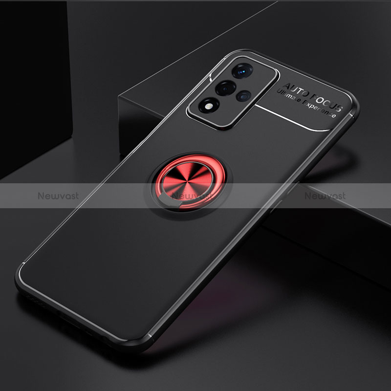 Ultra-thin Silicone Gel Soft Case Cover with Magnetic Finger Ring Stand JM2 for Oppo A93s 5G Red and Black