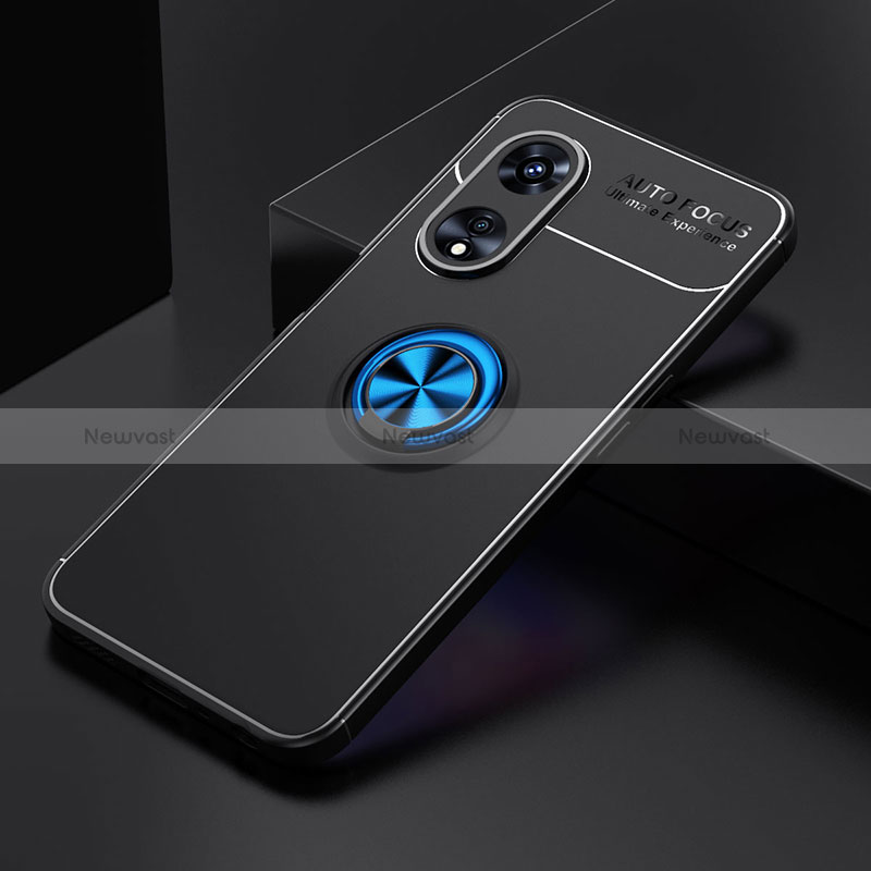 Ultra-thin Silicone Gel Soft Case Cover with Magnetic Finger Ring Stand JM2 for Oppo A97 5G Blue and Black