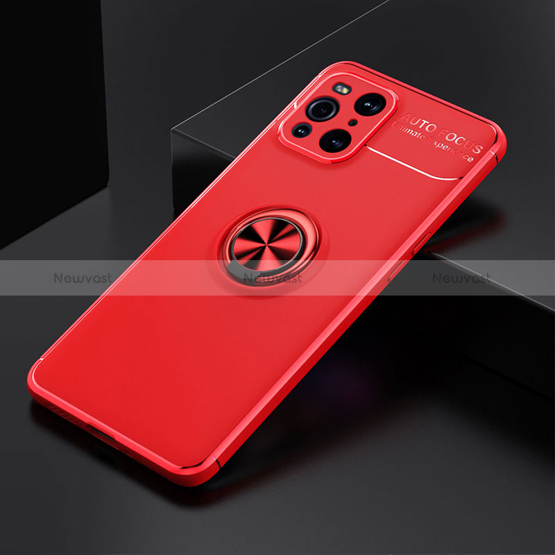 Ultra-thin Silicone Gel Soft Case Cover with Magnetic Finger Ring Stand JM2 for Oppo Find X3 5G Red