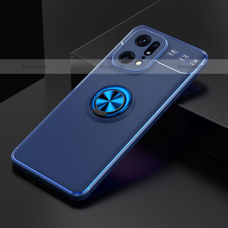 Ultra-thin Silicone Gel Soft Case Cover with Magnetic Finger Ring Stand JM2 for Oppo Find X5 Pro 5G Blue