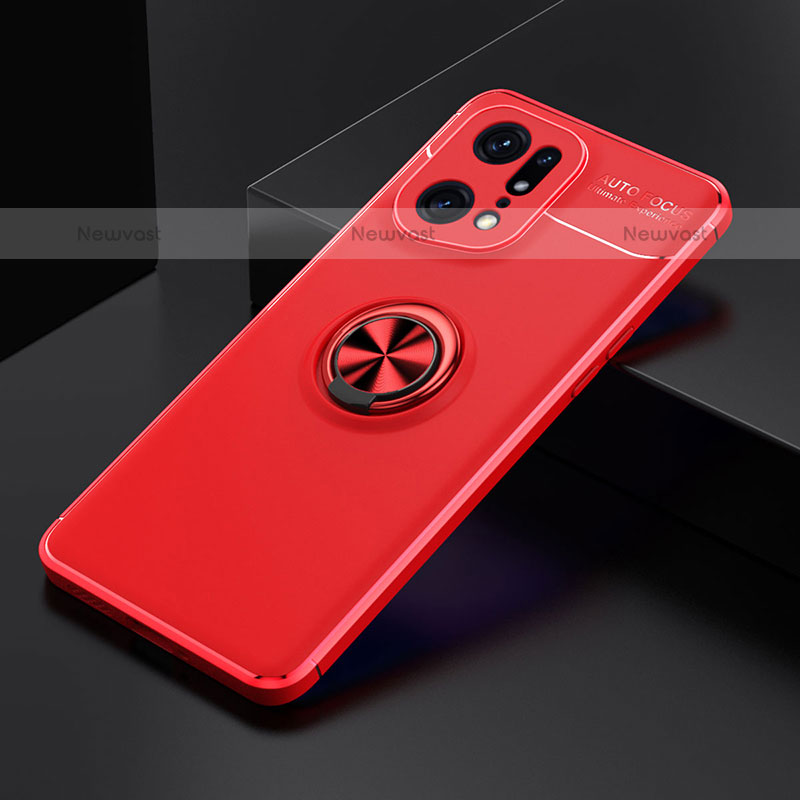 Ultra-thin Silicone Gel Soft Case Cover with Magnetic Finger Ring Stand JM2 for Oppo Find X5 Pro 5G Red