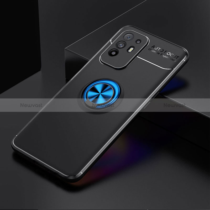 Ultra-thin Silicone Gel Soft Case Cover with Magnetic Finger Ring Stand JM2 for Oppo Reno5 Z 5G Blue and Black