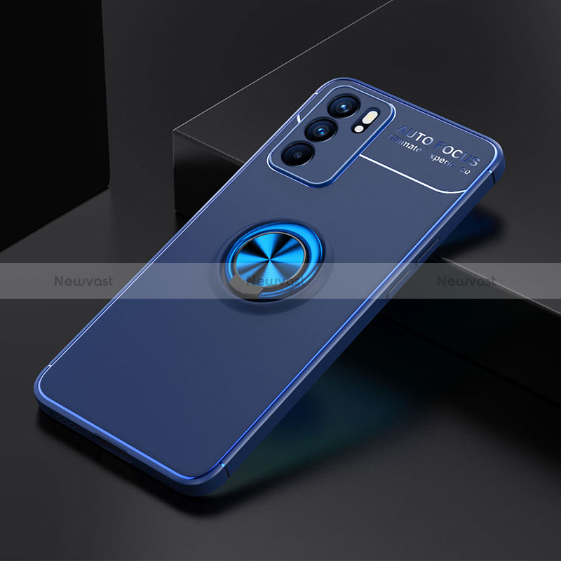 Ultra-thin Silicone Gel Soft Case Cover with Magnetic Finger Ring Stand JM2 for Oppo Reno6 5G Blue