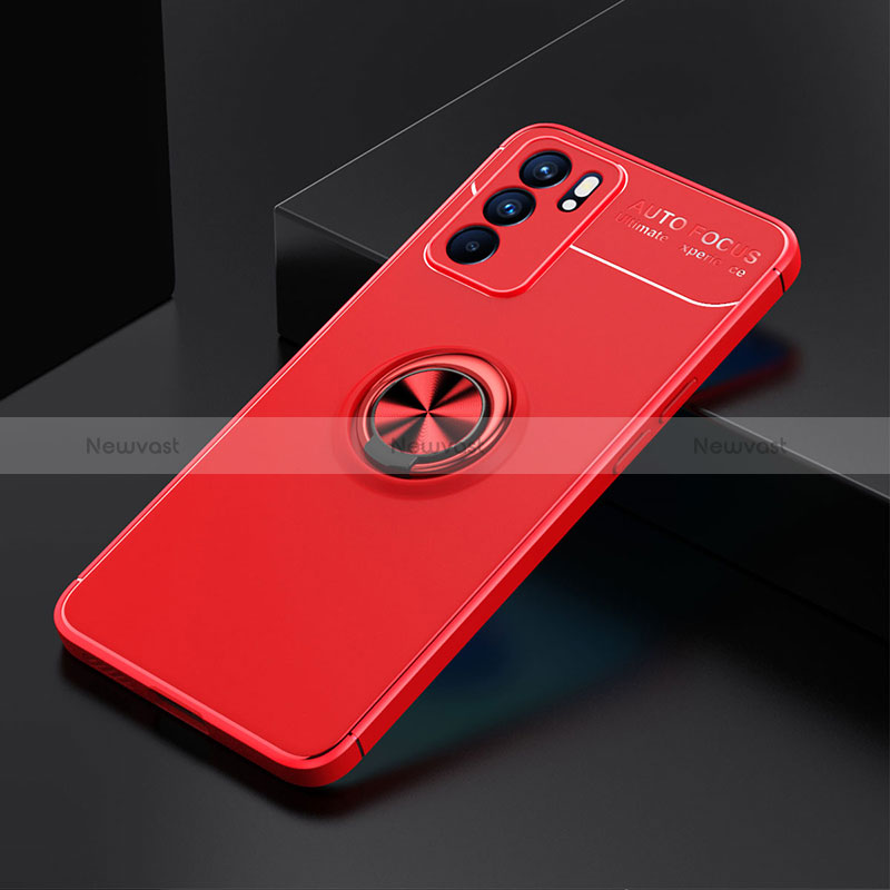Ultra-thin Silicone Gel Soft Case Cover with Magnetic Finger Ring Stand JM2 for Oppo Reno6 5G Red