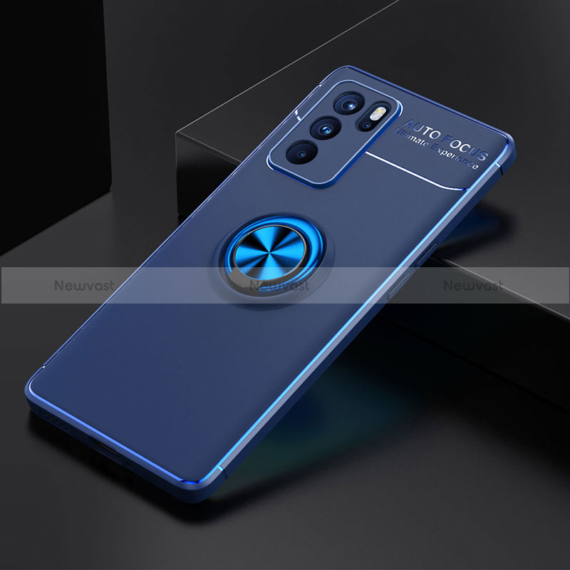 Ultra-thin Silicone Gel Soft Case Cover with Magnetic Finger Ring Stand JM2 for Oppo Reno6 Pro 5G India Blue