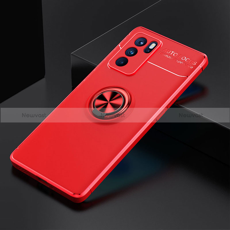 Ultra-thin Silicone Gel Soft Case Cover with Magnetic Finger Ring Stand JM2 for Oppo Reno6 Pro 5G India Red