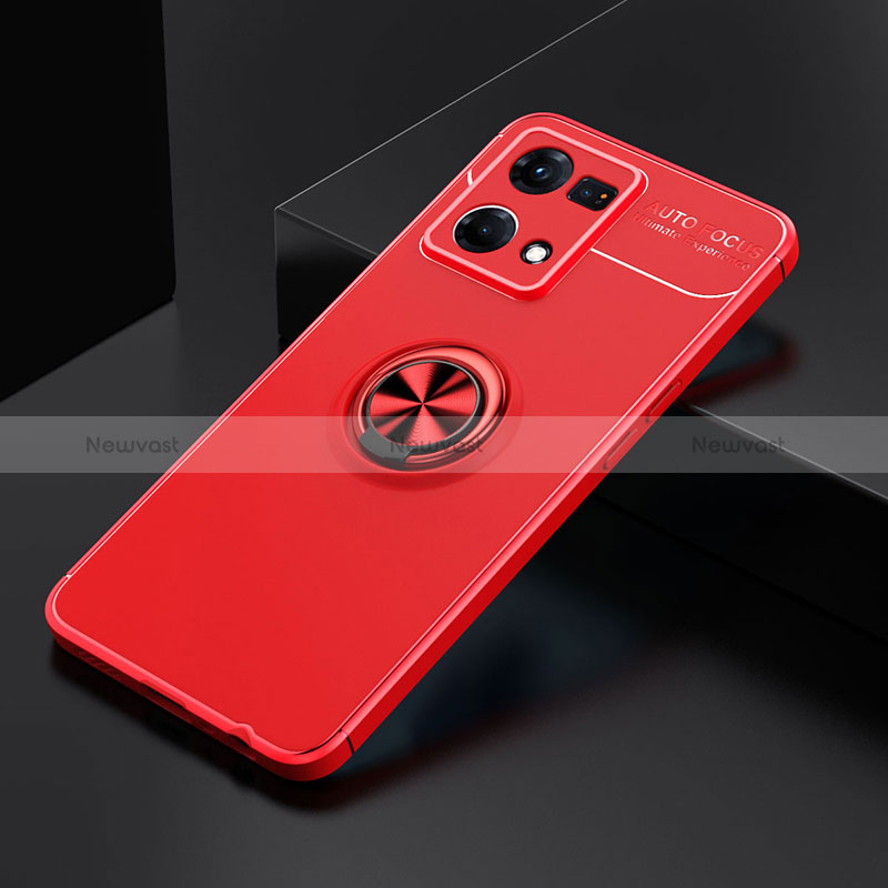 Ultra-thin Silicone Gel Soft Case Cover with Magnetic Finger Ring Stand JM2 for Oppo Reno7 4G Red