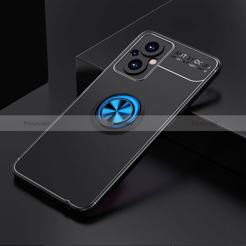 Ultra-thin Silicone Gel Soft Case Cover with Magnetic Finger Ring Stand JM2 for Oppo Reno7 Z 5G Blue and Black