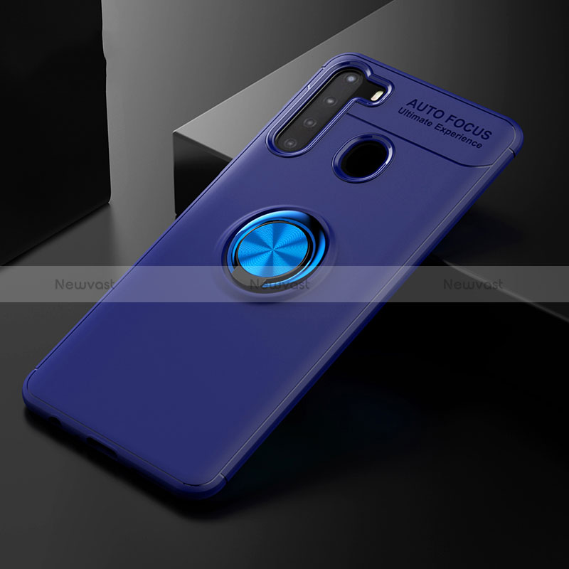 Ultra-thin Silicone Gel Soft Case Cover with Magnetic Finger Ring Stand JM2 for Samsung Galaxy A21 Blue