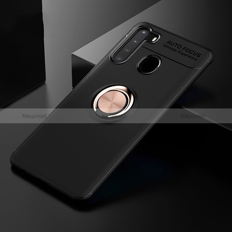 Ultra-thin Silicone Gel Soft Case Cover with Magnetic Finger Ring Stand JM2 for Samsung Galaxy A21 Gold and Black