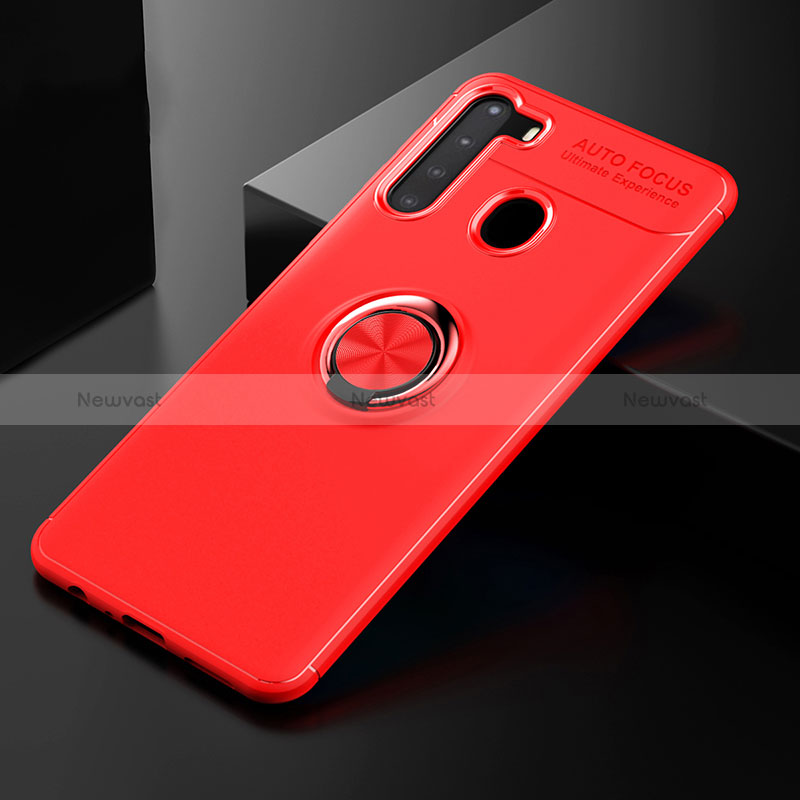 Ultra-thin Silicone Gel Soft Case Cover with Magnetic Finger Ring Stand JM2 for Samsung Galaxy A21 Red