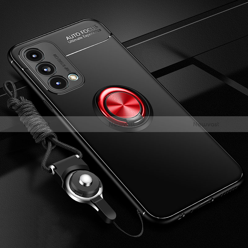 Ultra-thin Silicone Gel Soft Case Cover with Magnetic Finger Ring Stand JM3 for Oppo A54 5G Red and Black