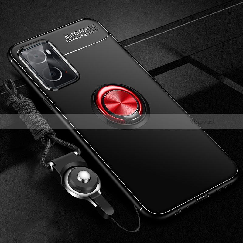 Ultra-thin Silicone Gel Soft Case Cover with Magnetic Finger Ring Stand JM3 for Oppo A76 Red and Black