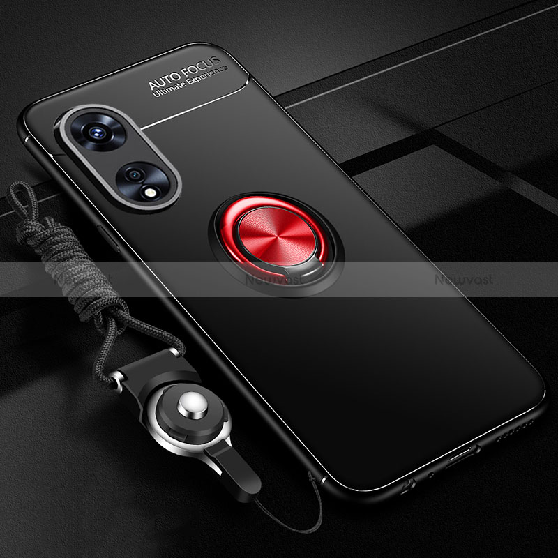 Ultra-thin Silicone Gel Soft Case Cover with Magnetic Finger Ring Stand JM3 for Oppo A97 5G Red and Black