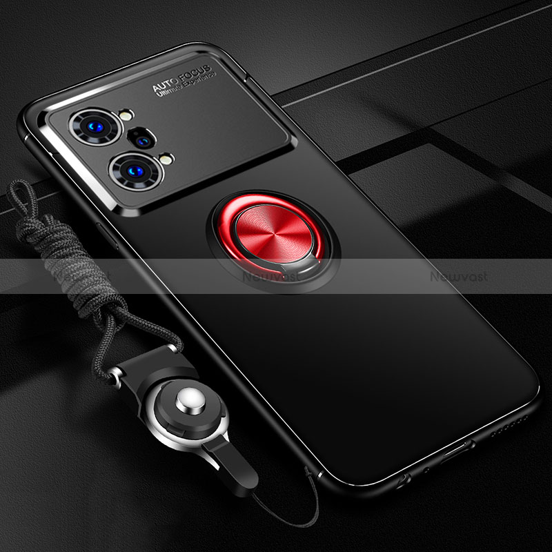 Ultra-thin Silicone Gel Soft Case Cover with Magnetic Finger Ring Stand JM3 for Oppo K10 Pro 5G Red and Black