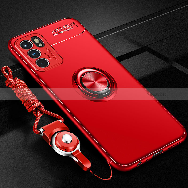 Ultra-thin Silicone Gel Soft Case Cover with Magnetic Finger Ring Stand JM3 for Oppo Reno6 5G Red