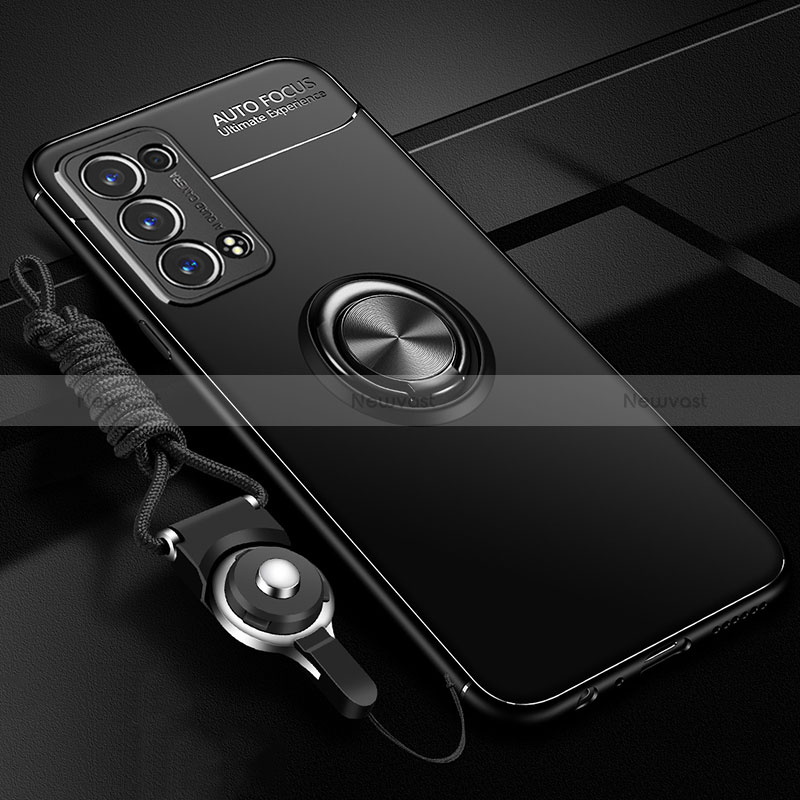 Ultra-thin Silicone Gel Soft Case Cover with Magnetic Finger Ring Stand JM3 for Oppo Reno6 Pro 5G Black