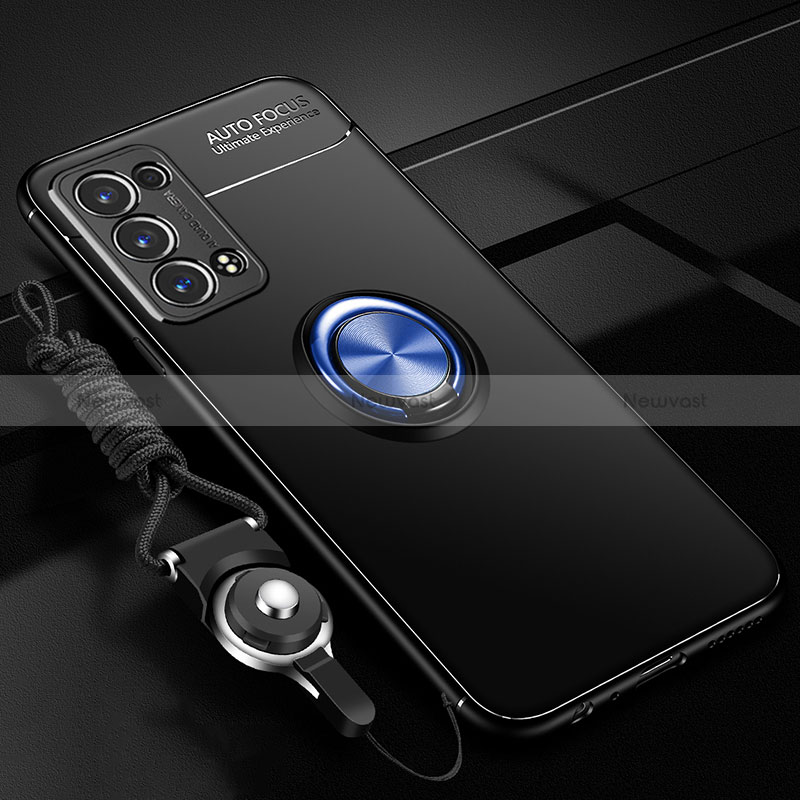 Ultra-thin Silicone Gel Soft Case Cover with Magnetic Finger Ring Stand JM3 for Oppo Reno6 Pro 5G Blue and Black