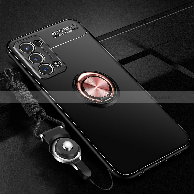 Ultra-thin Silicone Gel Soft Case Cover with Magnetic Finger Ring Stand JM3 for Oppo Reno6 Pro+ Plus 5G Gold and Black