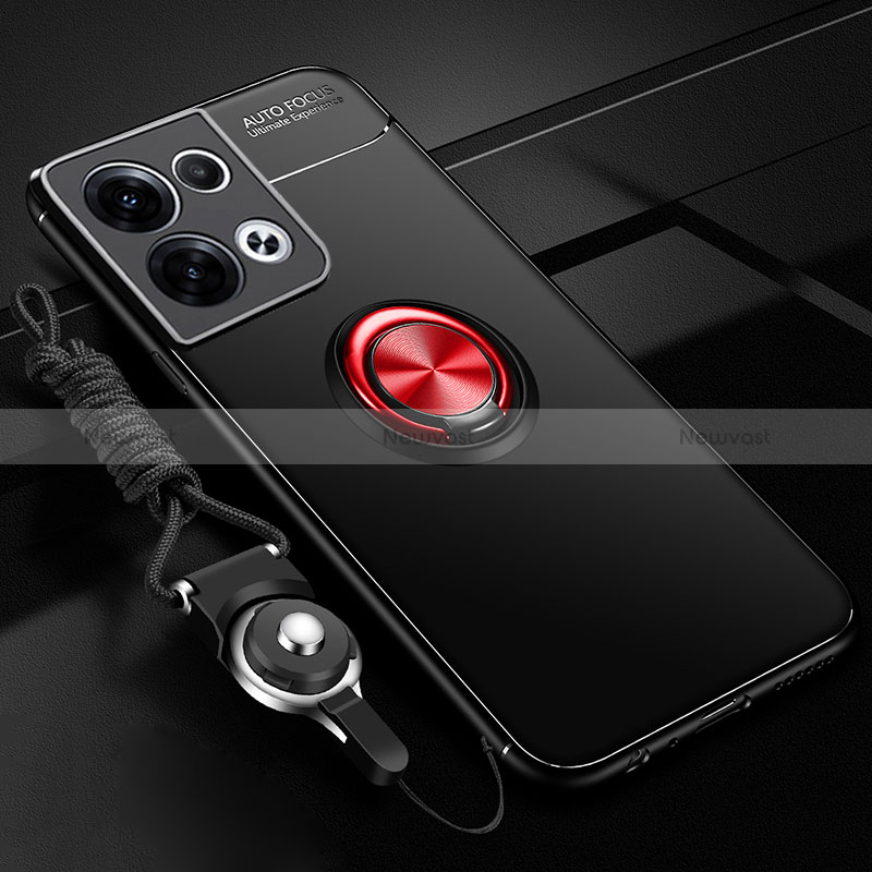 Ultra-thin Silicone Gel Soft Case Cover with Magnetic Finger Ring Stand JM3 for Oppo Reno9 Pro+ Plus 5G Red and Black