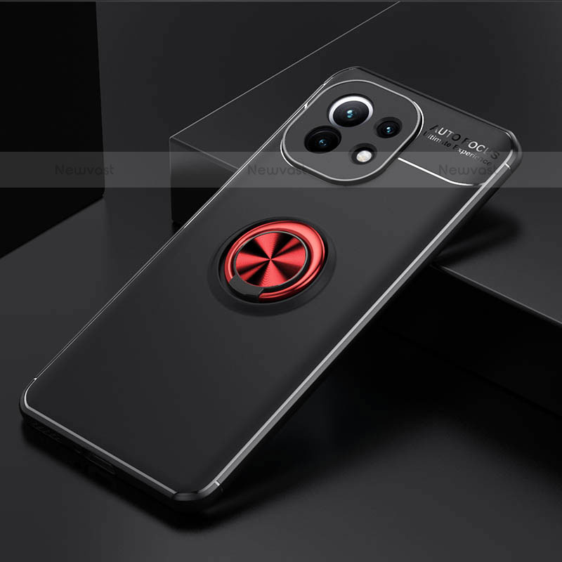 Ultra-thin Silicone Gel Soft Case Cover with Magnetic Finger Ring Stand K01 for Xiaomi Mi 11 Lite 5G NE Red and Black