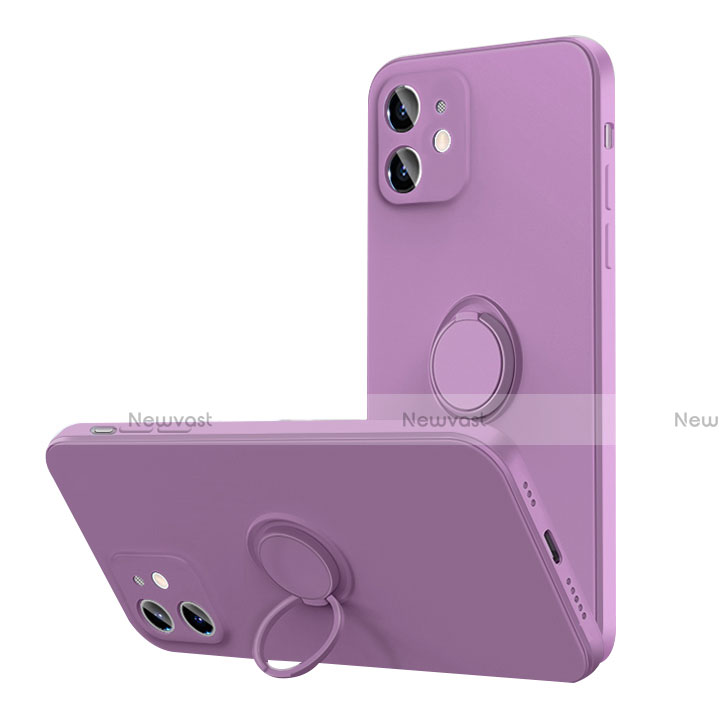 Ultra-thin Silicone Gel Soft Case Cover with Magnetic Finger Ring Stand N01 for Apple iPhone 12 Mini Purple