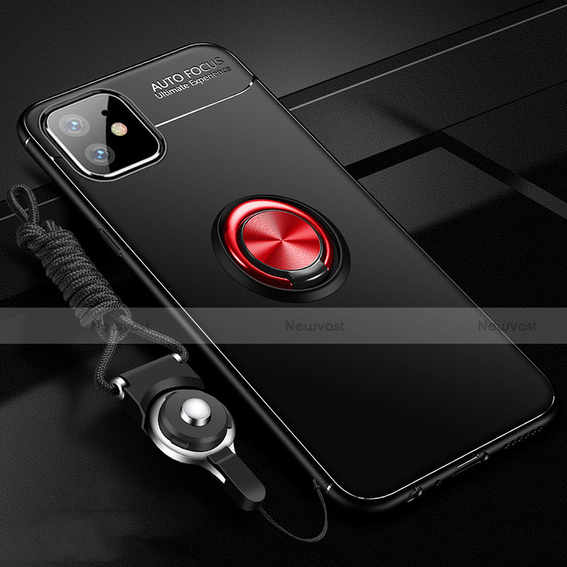 Ultra-thin Silicone Gel Soft Case Cover with Magnetic Finger Ring Stand N03 for Apple iPhone 12 Red and Black