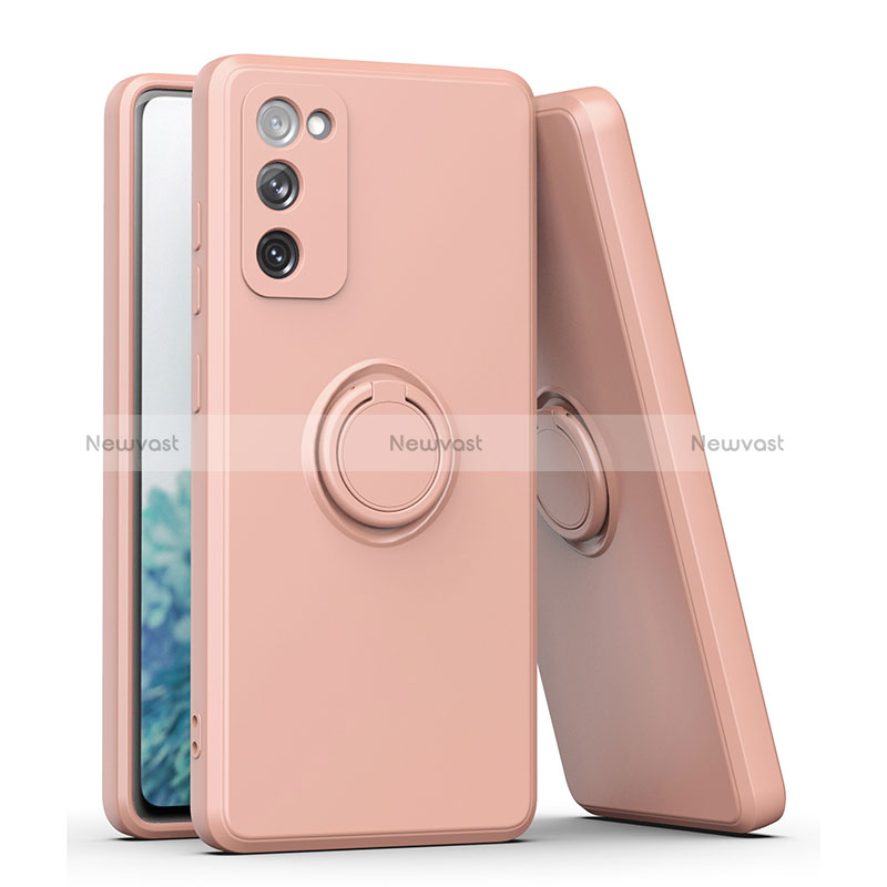 Ultra-thin Silicone Gel Soft Case Cover with Magnetic Finger Ring Stand QW1 for Samsung Galaxy A12 5G Pink