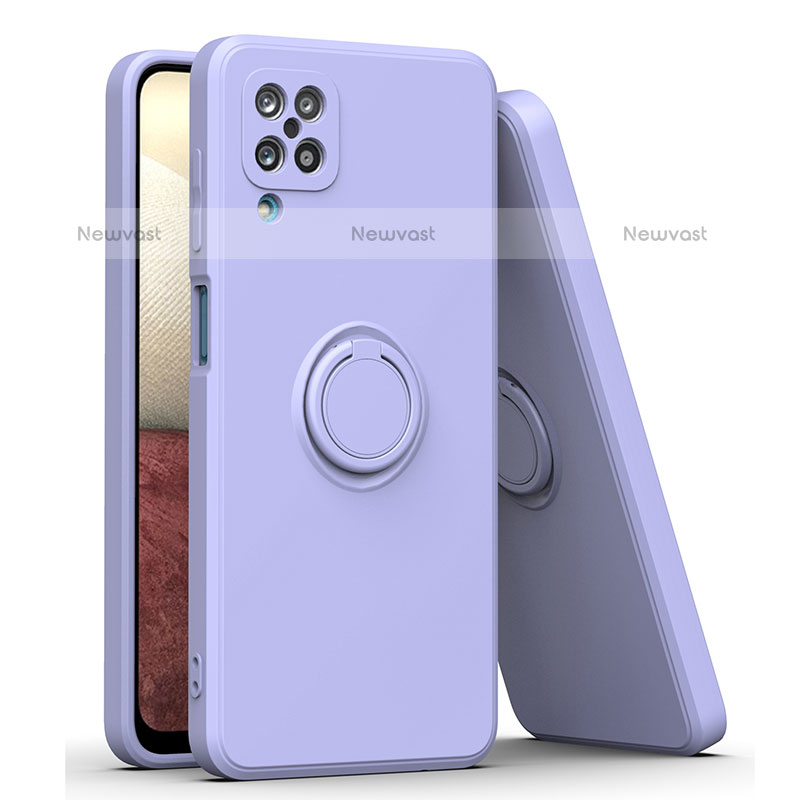 Ultra-thin Silicone Gel Soft Case Cover with Magnetic Finger Ring Stand QW1 for Samsung Galaxy A12 Lavender Gray