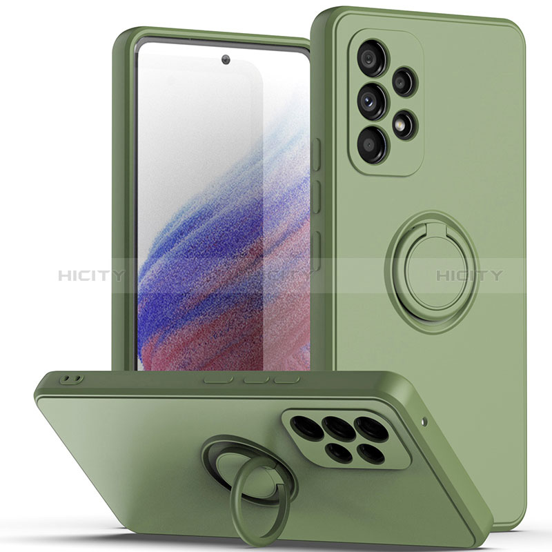 Ultra-thin Silicone Gel Soft Case Cover with Magnetic Finger Ring Stand QW1 for Samsung Galaxy A73 5G Army green