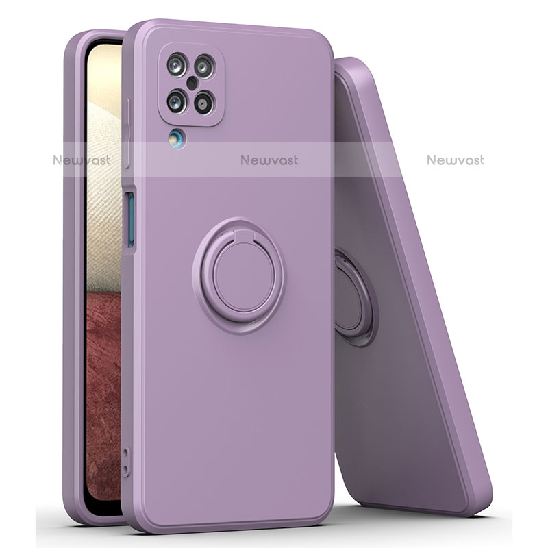 Ultra-thin Silicone Gel Soft Case Cover with Magnetic Finger Ring Stand QW1 for Samsung Galaxy F12 Purple