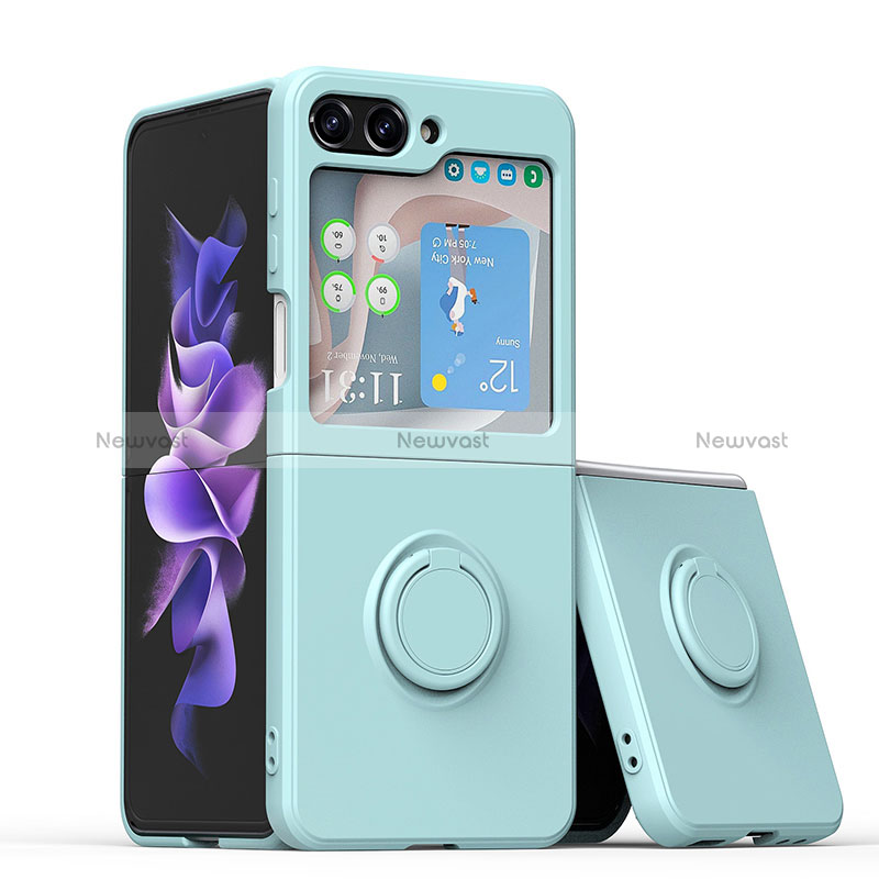 Ultra-thin Silicone Gel Soft Case Cover with Magnetic Finger Ring Stand QW1 for Samsung Galaxy Z Flip5 5G Mint Blue