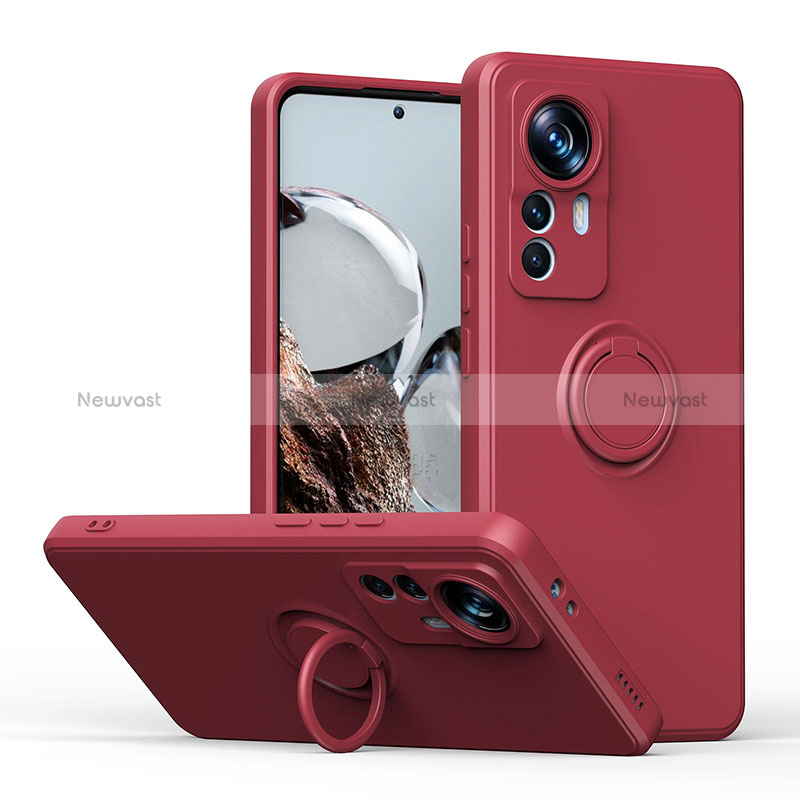 Ultra-thin Silicone Gel Soft Case Cover with Magnetic Finger Ring Stand QW1 for Xiaomi Mi 12T 5G Red Wine