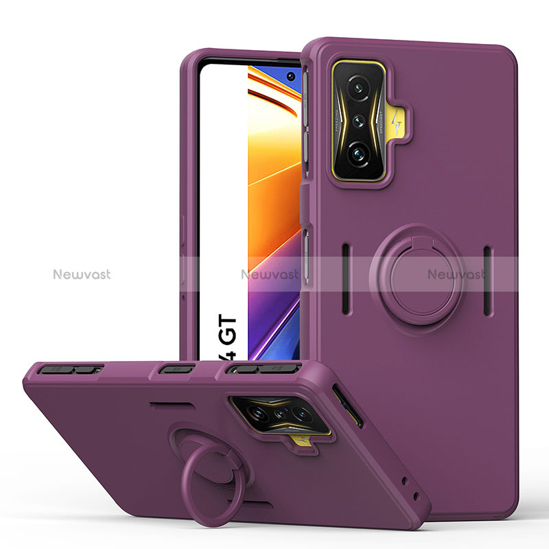 Ultra-thin Silicone Gel Soft Case Cover with Magnetic Finger Ring Stand QW1 for Xiaomi Poco F4 GT 5G Purple