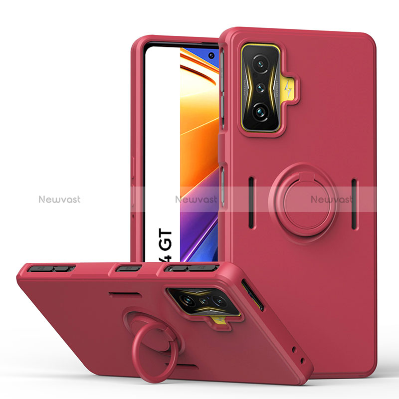 Ultra-thin Silicone Gel Soft Case Cover with Magnetic Finger Ring Stand QW1 for Xiaomi Poco F4 GT 5G Red Wine