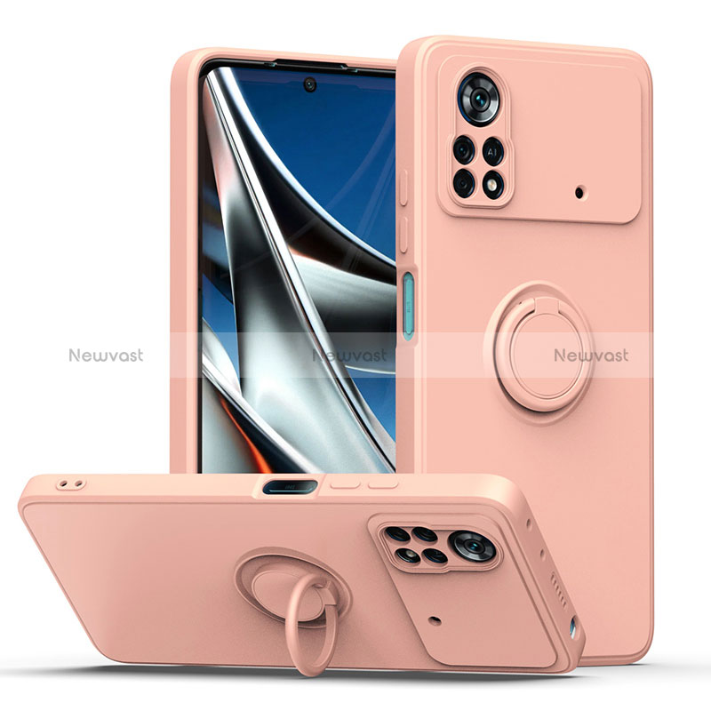 Ultra-thin Silicone Gel Soft Case Cover with Magnetic Finger Ring Stand QW1 for Xiaomi Poco X4 Pro 5G Pink