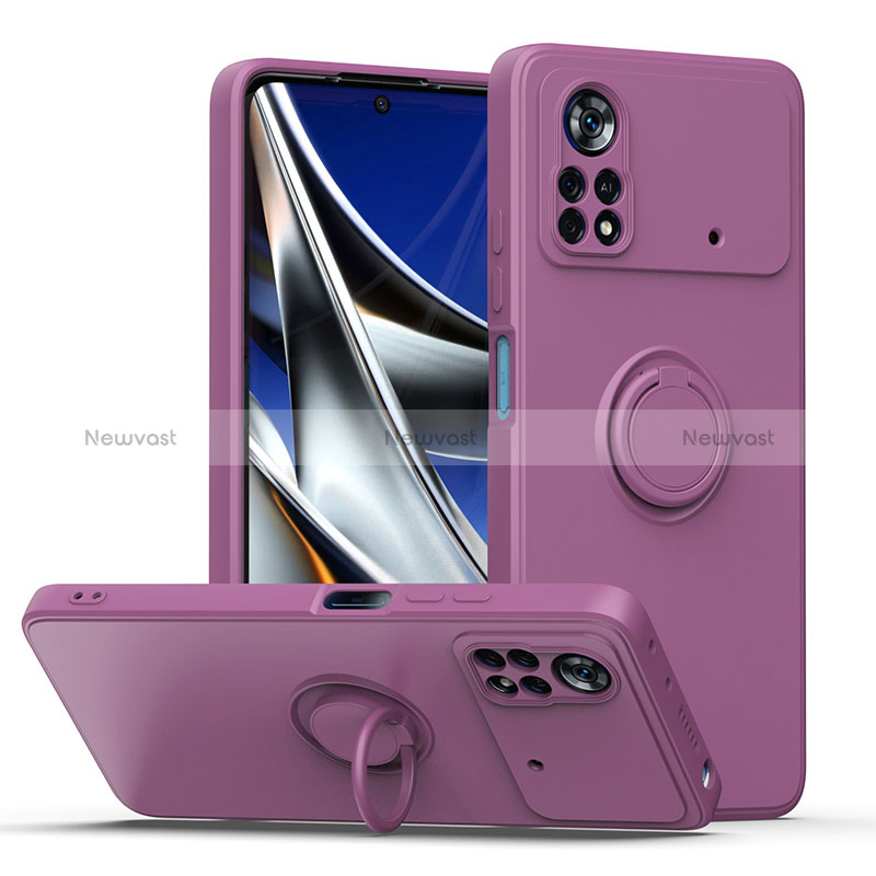 Ultra-thin Silicone Gel Soft Case Cover with Magnetic Finger Ring Stand QW1 for Xiaomi Poco X4 Pro 5G Purple