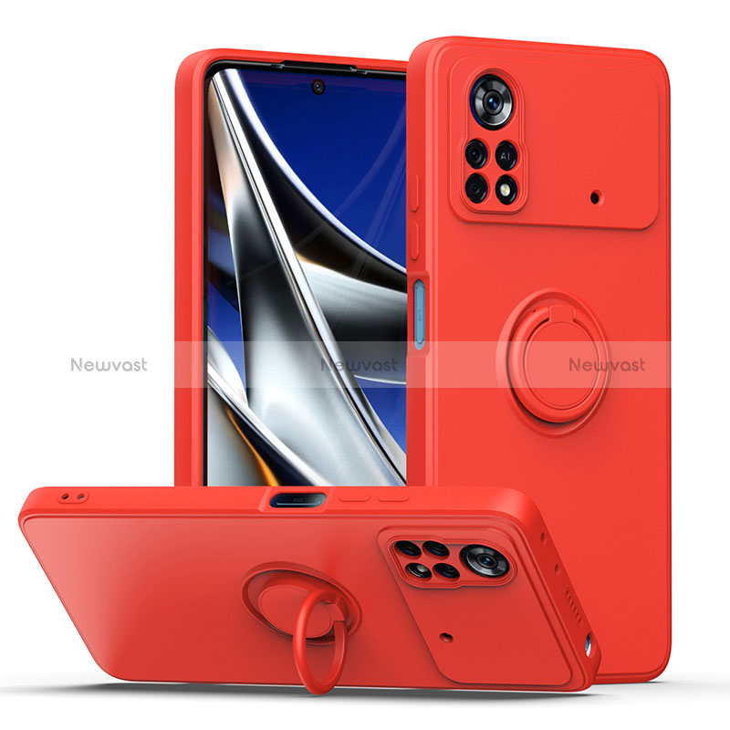 Ultra-thin Silicone Gel Soft Case Cover with Magnetic Finger Ring Stand QW1 for Xiaomi Poco X4 Pro 5G Red