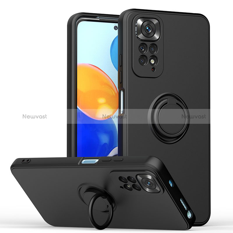 Ultra-thin Silicone Gel Soft Case Cover with Magnetic Finger Ring Stand QW1 for Xiaomi Redmi Note 11S 4G Black