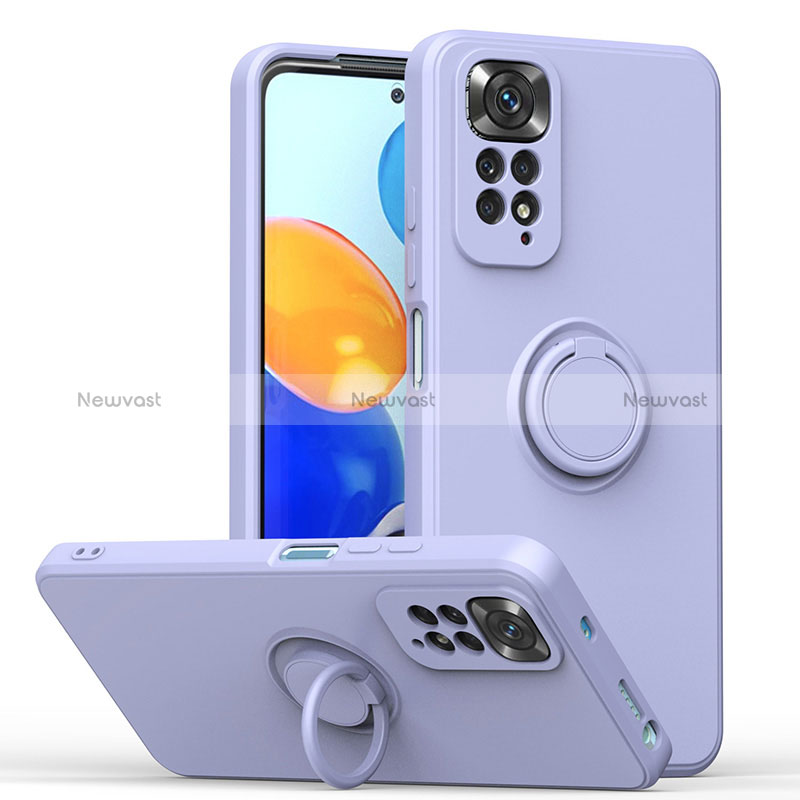 Ultra-thin Silicone Gel Soft Case Cover with Magnetic Finger Ring Stand QW1 for Xiaomi Redmi Note 11S 4G Lavender Gray