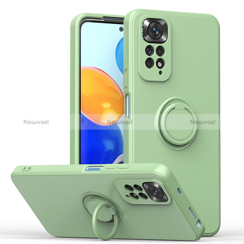 Ultra-thin Silicone Gel Soft Case Cover with Magnetic Finger Ring Stand QW1 for Xiaomi Redmi Note 11S 4G Matcha Green