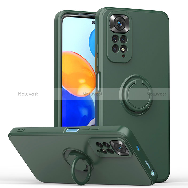 Ultra-thin Silicone Gel Soft Case Cover with Magnetic Finger Ring Stand QW1 for Xiaomi Redmi Note 11S 4G Midnight Green